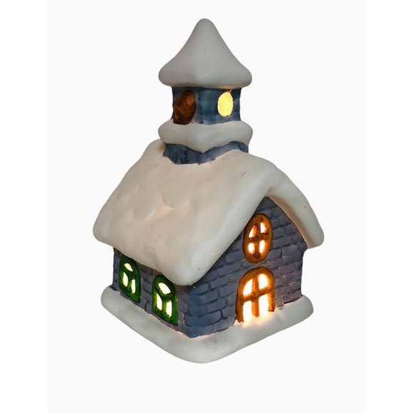 Colonial Candle Holder Winter Blue Ceramic Building Snow Tea Light Votive Holder - Picture 1 of 10